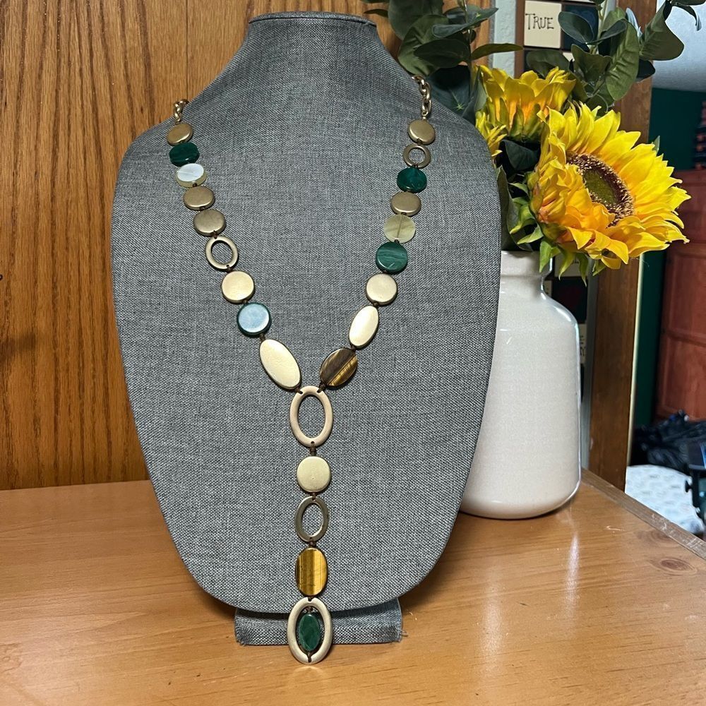 Chico's Gold & Green with Wood Accents Statement Necklace #J3